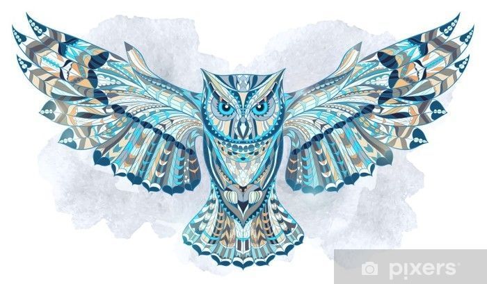 patterned owl on the grunge watercolor background african indian totem tattoo design
